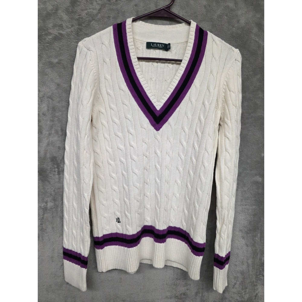 Polo Ralph Lauren Cable Knit Cricket Sweater White Navy Preppy Cream Purple